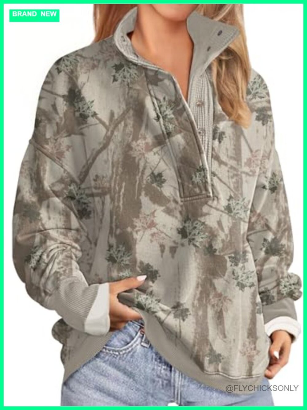 Oversized Waffle Knit Mock Neck Pullover Sweatshirt Tunic Button Fleece Lined